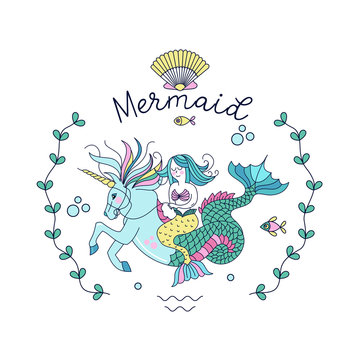 Mermaid, mythological creature. Mermaid riding a sea unicorn.  Vector illustration. Isolated on a white background.