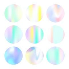 Hologram abstract backgrounds set. Futuristic Gradient backdrop with hologram. 90s, 80s retro style. Iridescent graphic template for brochure, flyer, poster, wallpaper, mobile screen.