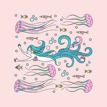 Mythological creature. Sea fairy. Mermaid with octopus tentacles. Surrounded by jellyfish and fish. Vector illustration.