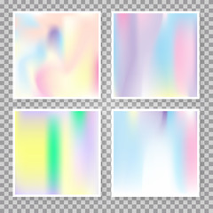 Fototapeta premium Holographic foil backgrounds set. Trendy gradient backdrop with holographic foil. 90s, 80s retro style. Pearlescent graphic template for banner, flyer, cover, mobile interface, web app.