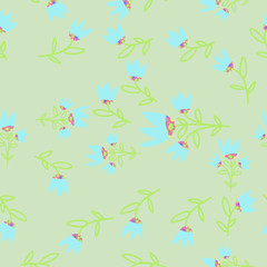 Bells seamless pattern, branches, leaves . Hand drawn.