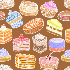 Colored Seamless Pattern with Cupcakes Cakes and Pastries. Background with Sweets in Hand Drawn Doodle Style. Vector Illustration