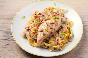 Chicken and creamy bacon and mushroom pasta