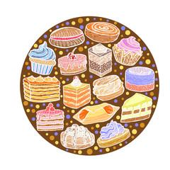 Dark Colored Round Composition with Cupcakes Cakes and Pastries. Sweets Circle in Hand Drawn Doodle Style. Vector Illustration