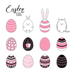 Zelfklevend Fotobehang Set of hand drawn cute cartoon Easter eggs. Isolated objects on white. Vector illustration. Festive design elements. Concept for greeting card, invitation. © Maria Skrigan