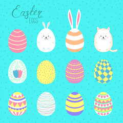 Set of hand drawn cute cartoon Easter eggs. Isolated objects. Vector illustration. Festive design elements. Concept for greeting card, invitation.