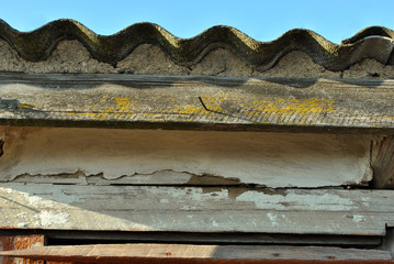Slate barn roof with wavy line and shabby wooden plank with yellow moss on blue sky background