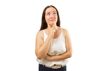 An isolated studio shot of a beautiful young woman looking thoughtful