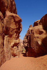 Canyon in Jordanian desert in Wadi Rum, Jordan. Wadi Rum has led to its designation as a UNESCO...