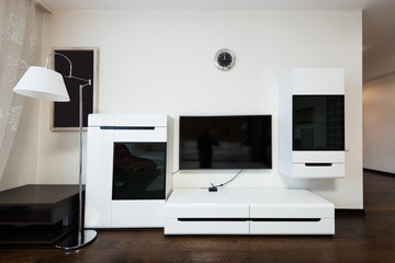 close up view of tv on wall in living room