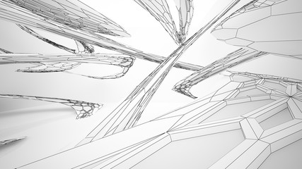Abstract drawing white parametric interior  with window. Polygon colored drawing. 3D illustration and rendering.