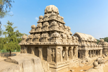 The Five Rathas, Yudhishthir ratha, Bhima ratha, Arjuna ratha, Mahabalipuram, Tamil Nadu, India