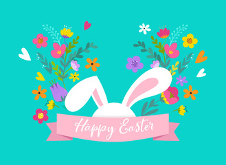 Happy Easter, bunny with flowers design. Easter sale and greeting card holiday concept