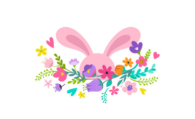 Obraz na płótnie Canvas Happy Easter, bunny with flowers design. Easter sale and greeting card holiday concept