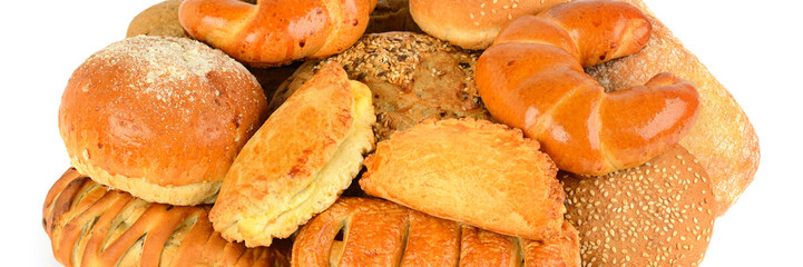 Bread and bakery products isolated on white background .