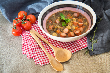 Traditional homemade Sausages with beans soup