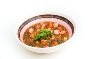 Traditional homemade Sausages with beans soup