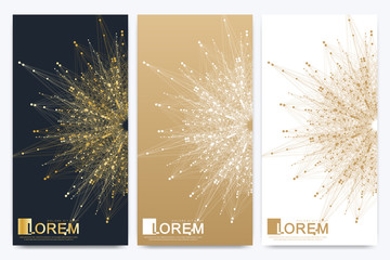 Modern set of vector flyers. Molecule and communication background. Geometric abstract golden package. Connected line with dots. Golden design in trendy linear style.