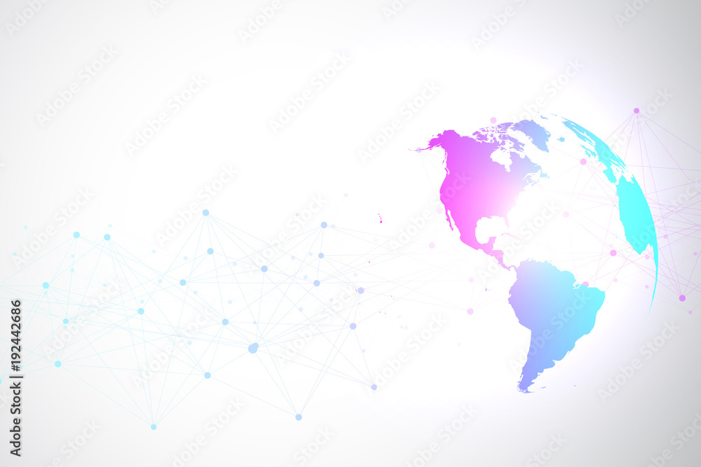 Fototapete World map point with global technology networking concept. Digital data visualization. Lines plexus. Big Data background communication. Scientific vector illustration.