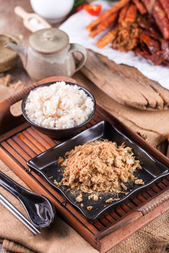 Dried shredded pork and mush, Chinese breakfast on Wooden Tray