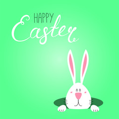 Hand drawn vector illustration with cute cartoon bunny looking from a hole, Happy Easter text. Isolated objects. Vector illustration. Festive design elements. Concept for greeting card, invitation.