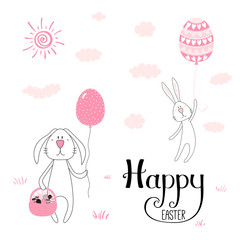 Hand drawn vector illustration of a cute cartoon bunnies with egg shaped balloons, Happy Easter lettering. Isolated objects. Vector illustration. Festive design elements. Concept for card, invitation.
