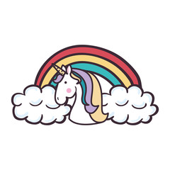 cute unicorn with rainbow fantasy sticker vector illustration design