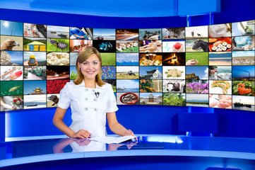 television anchorwoman at TV studio
