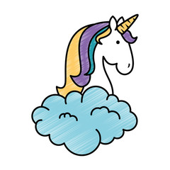 cute unicorn over cloud fantasy sticker vector illustration design