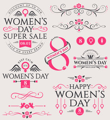 Women's Day design elements and sale badge.