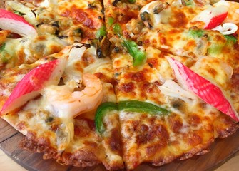 Top view, Delicious pizza with seafood, Junk food style