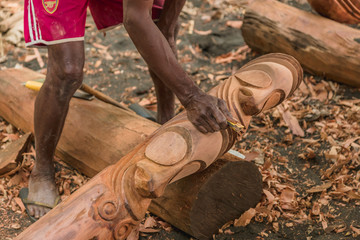 Wooden tam tams or split gongs sculpted out of tree trunks representative of the local men. Olal village Ranon,Ambrym island, Malampa prov, Vanuatu. - obrazy, fototapety, plakaty
