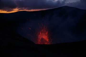 Eruption Yasur vulcano, sunset on the crater edge, Tanna, Vanuatu