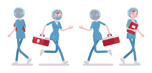 Female nurse walking and running