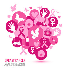 Breast cancer illustration of pink icons with symbol ribbon.