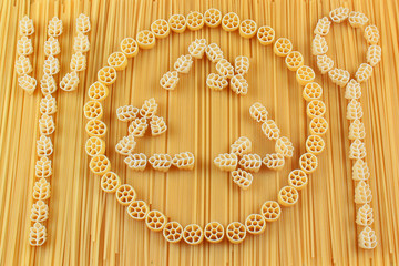 Spaghetti and pasta arrangement. Alimentary products recycling concept.