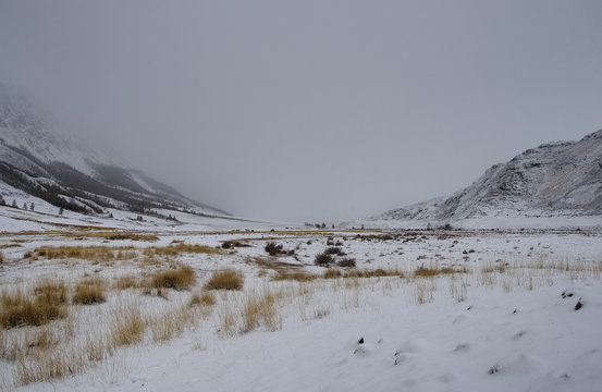 Dramatic winter dark snow desert steppe in a highland mountain mist valley under storm skyline Kurai Altai Mountains Siberia Russia