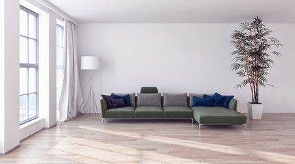 Modern bright interiors 3D rendering illustration