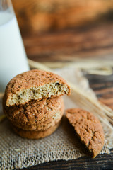 fresh homemade oatmeal cookies on wooden background with spikes of oats