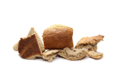 Wheat bread crumbs, pieces isolated on white background
