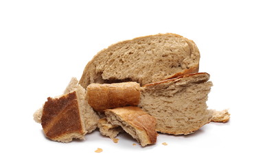 Wheat bread crumbs, pieces isolated on white background