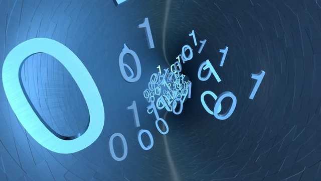 3D rendered animation of bits and bytes flowing through a data cable or tunnel.
