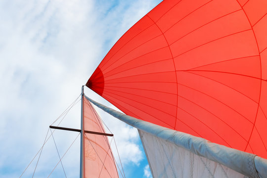 red sail. Bottom view. The background of blue sky with clouds