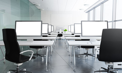 Fototapeta na wymiar 3d rendering of classroom with white screens