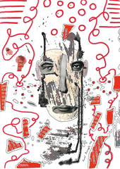 Surreal portrait. Collage and drawing by watercolor and ink on paper.