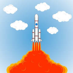 The launch of a space rocket. Drawing rockets, fire, sky and clouds. Color pattern, pattern, vector illustration