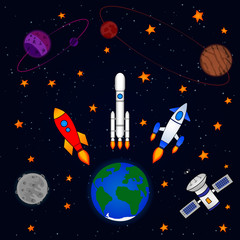 Space ships fly away from the Earth to other planets. Multicolored picture, three dimensional image. Planets and satellites, rockets flying into space. Vector illustration