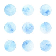 Set of hand painted watercolor circle textures isolated on the white background for your design. Blue dots. - 192452299