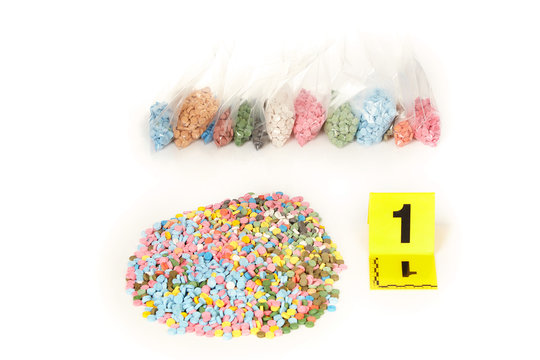 Seized pills of extasy contraband found by legal authorities during search warrant