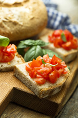 Basil and tomato bruschetta on homemade rye bread